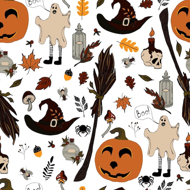 Vector de patrones sin fisuras halloween eps doodle poción y símbolos wiccan calabaza y calavera setas y hojas de otoño