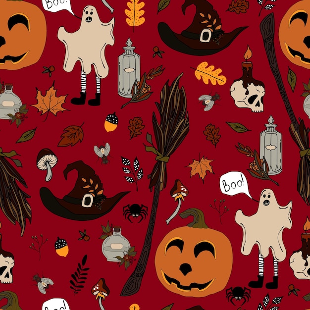 Vector de patrones sin fisuras halloween eps Doodle poción y símbolos wiccan calabaza y calavera setas y hojas de otoño