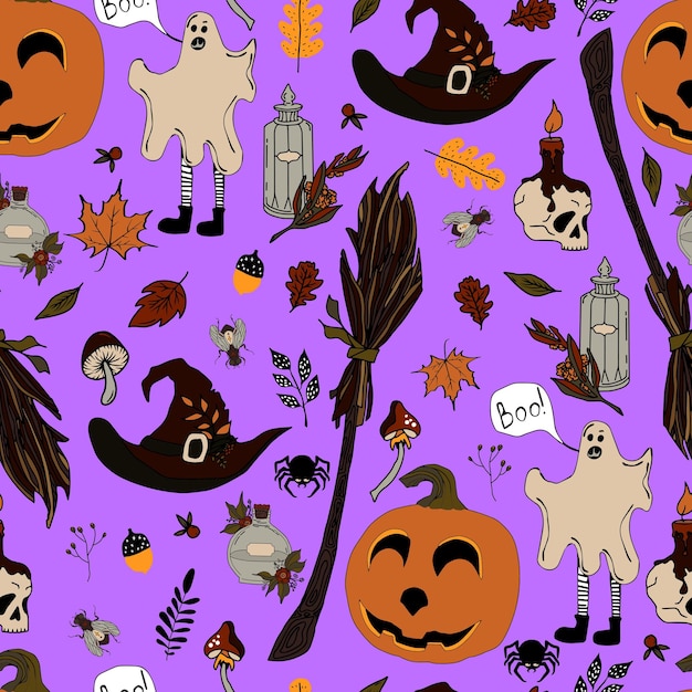 Vector vector de patrones sin fisuras halloween eps doodle poción y símbolos wiccan calabaza y calavera setas y hojas de otoño