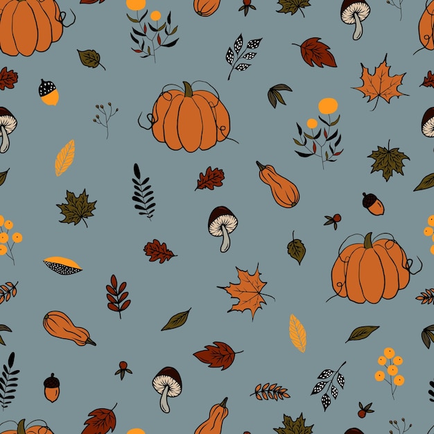 Vector de patrones sin fisuras hojas de otoño y calabaza fondo de tiempo de otoño Prediseñadas de otoño pintadas a mano calabaza de Halloween aislada para invitaciones tarjetas de felicitación imprimir pancartas