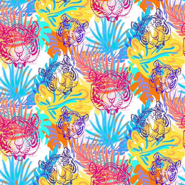 Vector de patrones sin fisuras de hojas de tigre y plantas. Hocico de gato salvaje animal y bosque de árboles tropicales, cabeza de bestia y palma de crecimiento. Ilustración plana de la fauna y la naturaleza del depredador del gato montés de la selva