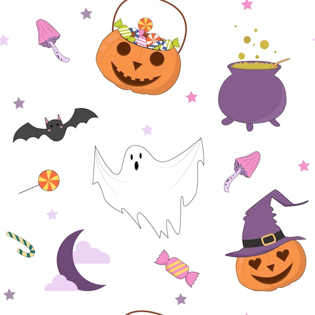 Vector de patrones sin fisuras lindo halloween con elementos aterradores y divertidos