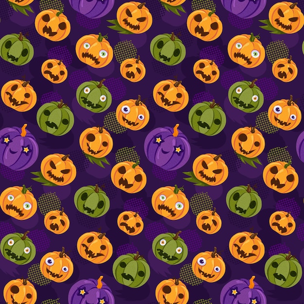 Vector de patrones sin fisuras de linterna de calabaza de Halloween. Decoración vegetal de miedo festival tradicional para celebrar las vacaciones de otoño. Ilustración de dibujos animados plana adorno festivo cara divertida