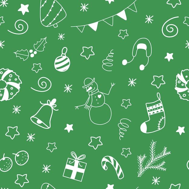 Vector de patrones sin fisuras de navidad y año nuevo con elementos de garabatos blancos sobre fondo verde