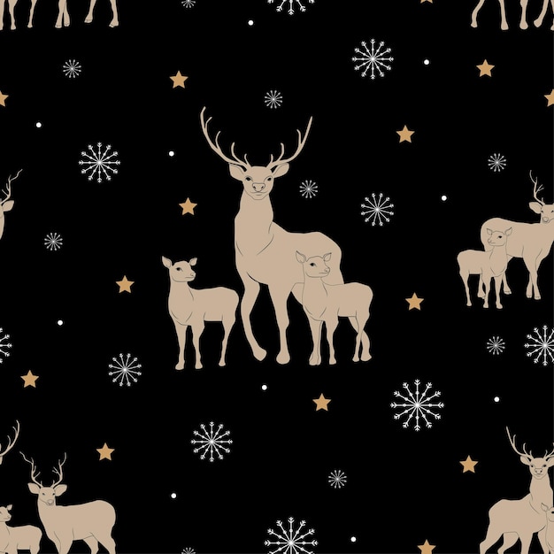 Vector de patrones sin fisuras de Navidad con estrellas de renos y copos de nieve sobre fondo negro