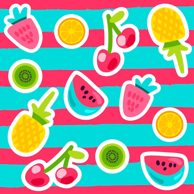 Vector patrones de frutas de verano en estilo de dibujos animados. Frutas y bayas. Dulce telón de fondo