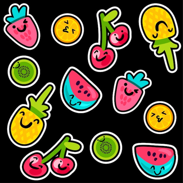 Vector patrones de frutas de verano en estilo de dibujos animados. Frutas y bayas. Dulce telón de fondo