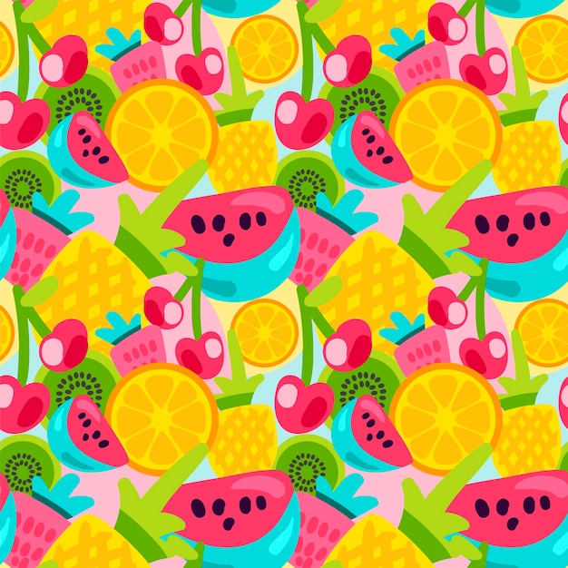 Vector patrones de frutas de verano en estilo de dibujos animados. Frutas y bayas. Dulce telón de fondo