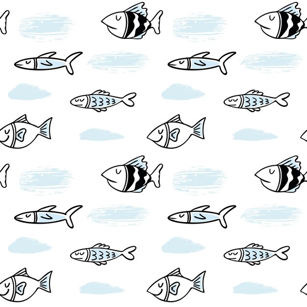 Vector peces garabatos de patrones sin fisuras Lindo vivero clipart Ilustración dibujada a mano