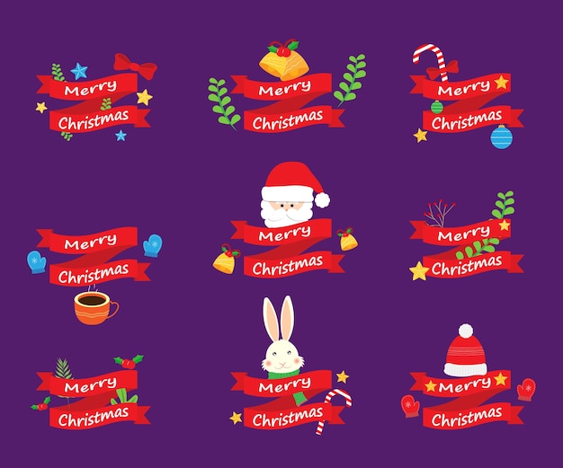 Vector pegatinas de feliz Navidad con elementos de Navidad