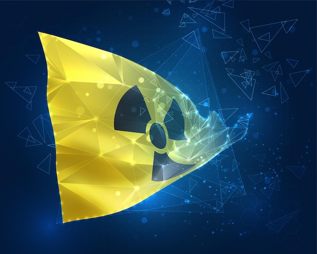 Vector de peligro radiactivo 3d bandera sobre fondo azul con interfaces hud