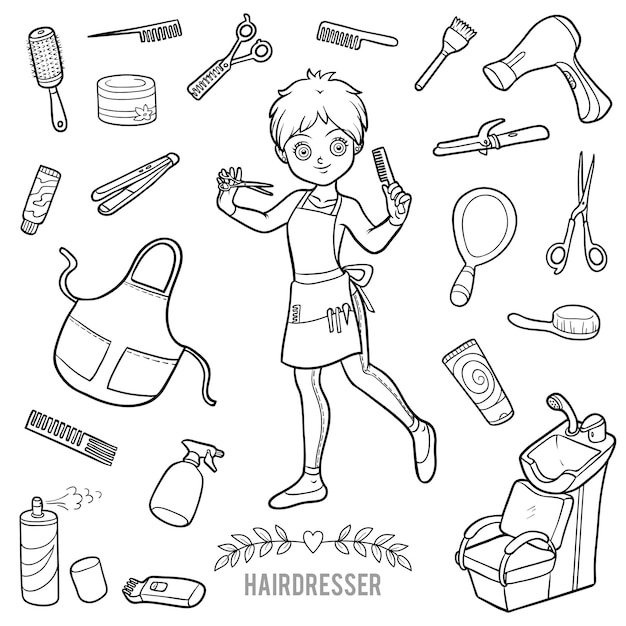 Vector vector con peluquería y objetos para cortar el cabello. artículos de dibujos animados en blanco y negro