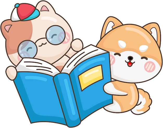 un vector de un perro y un gato leyendo un libro juntos