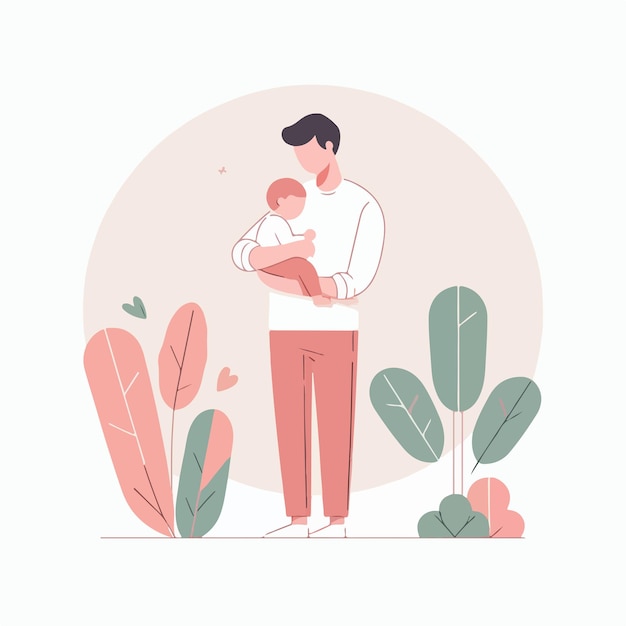 Vector vector de una persona sosteniendo a su hijo en un estilo de diseño plano fondo vegetal