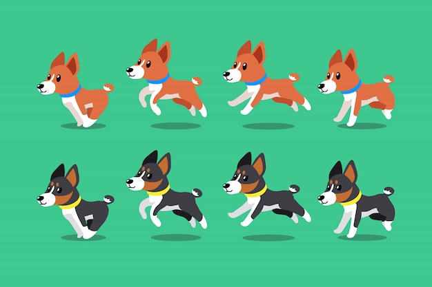 Vector vector de personaje de dibujos animados basenji perros corriendo paso