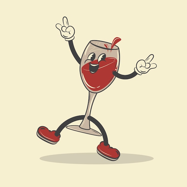 Vector vector de personaje de dibujos animados de copa de vino retro