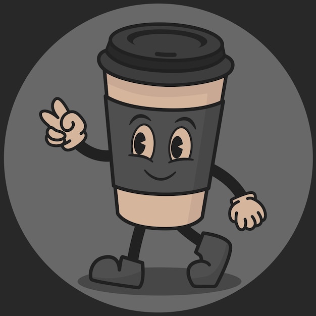 Vector personaje gracioso vaso de café personaje en el estilo groovy ilustración vectorial