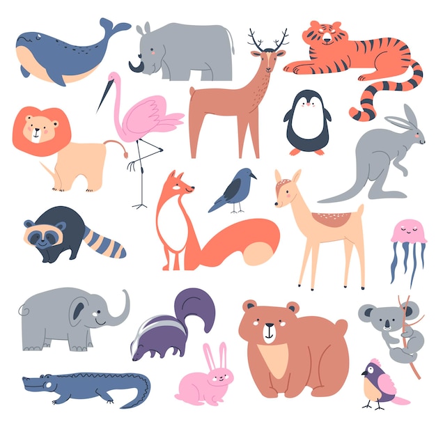 Vector vector de personajes de animales de bosques y sabanas.