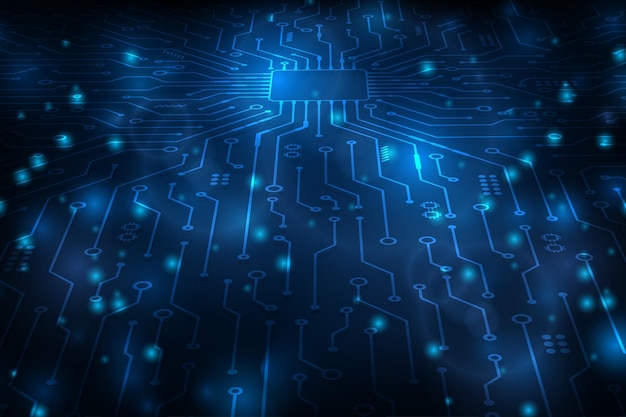 Vector, perspectiva futurista, microchip, cpu, placa de circuito, luz azul, tecnología, resumen, plano de fondo