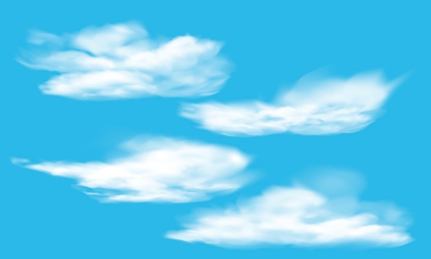 Vector de la perspectiva realista de las nubes blancas sobre un fondo de cielo azul