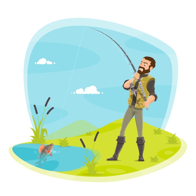 Vector pescador pesca y captura de peces en el lago