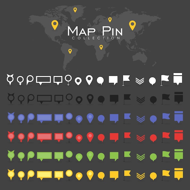 Vector vector pin mapa icono marca símbolo ubicación colorida retro colección de sombra plana