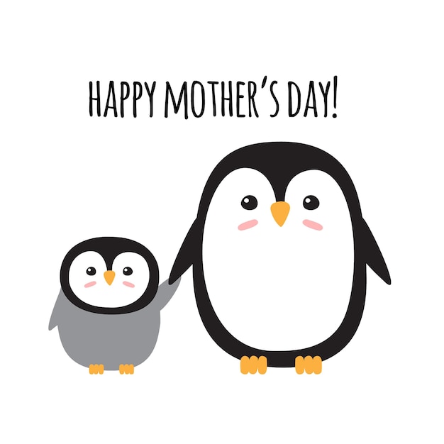 Vector pingüino bebé y feliz día de las madres texto