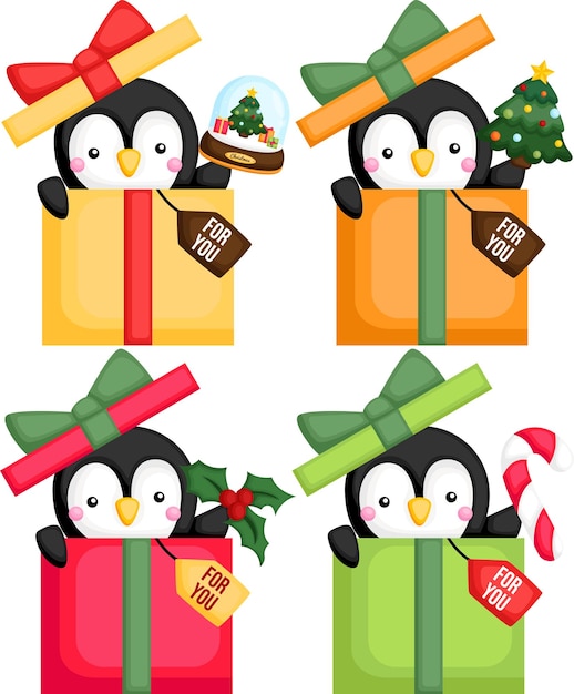 un vector de pingüino en una caja de regalo