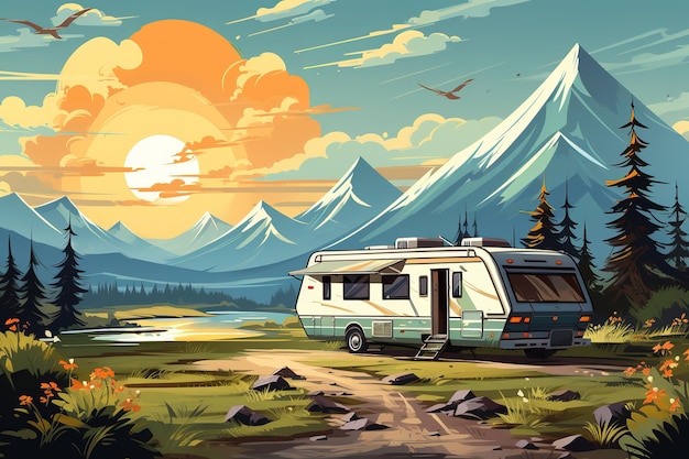 vector una pintura de una caravana con montañas en el fondo