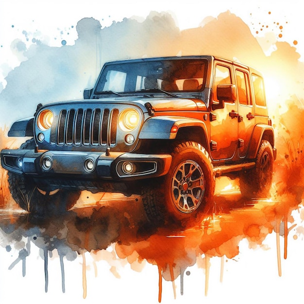 Vector una pintura de un jeep conduciendo a través de un cuerpo de agua