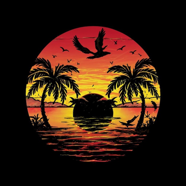 Vector vector una pintura de una puesta de sol con pájaros volando sobre el agua