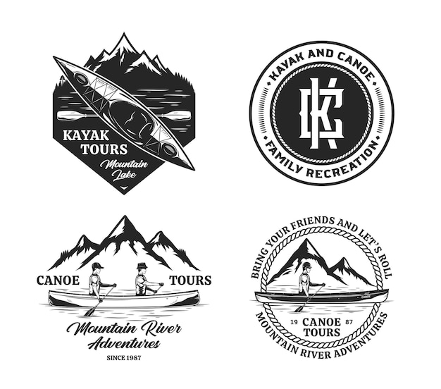 Vector de piragüismo y kayak insignias y elementos de diseño