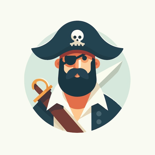 Vector pirata alegre con un estilo de diseño plano simple y fondo blanco