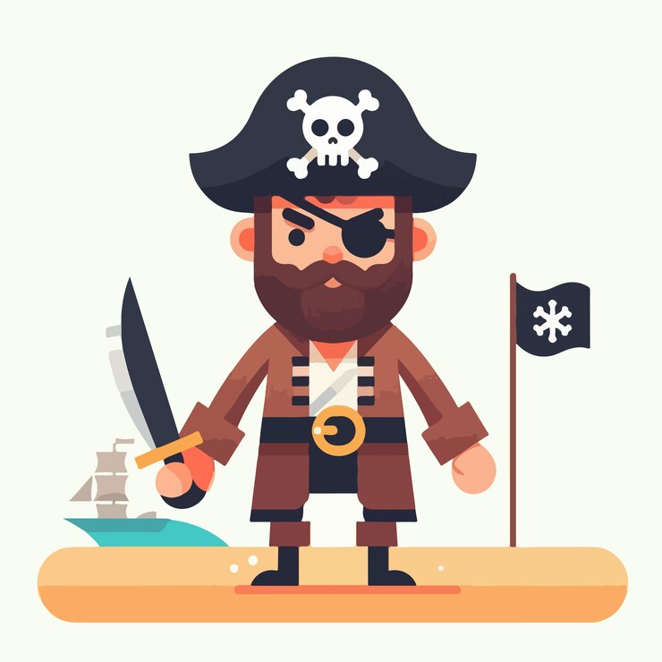Vector vector pirata alegre con un estilo de diseño plano simple y fondo blanco