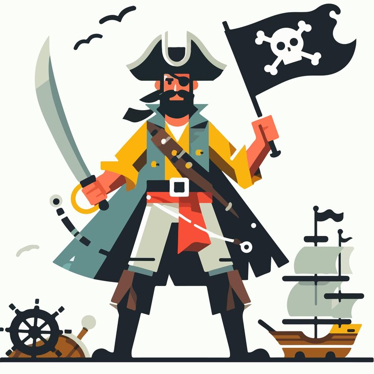 Vector vector pirata alegre con un estilo de diseño plano simple y fondo blanco