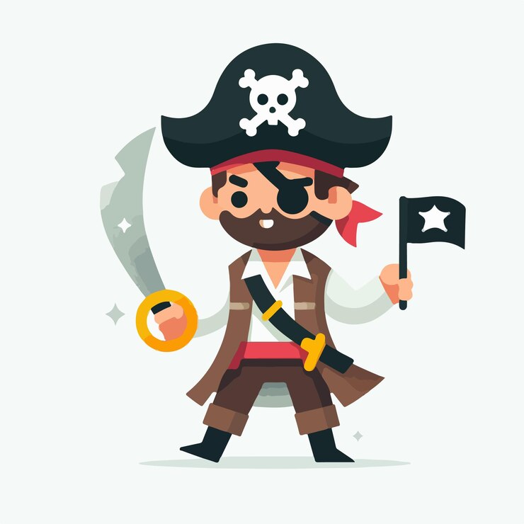 Vector vector pirata alegre con un estilo de diseño plano simple y fondo blanco