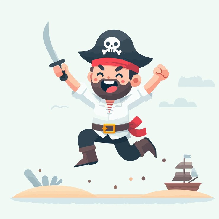 Vector vector pirata alegre con un estilo de diseño plano simple y fondo blanco
