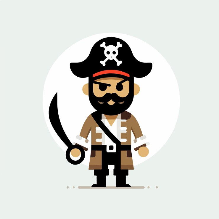 Vector vector pirata alegre con un estilo de diseño plano simple y fondo blanco