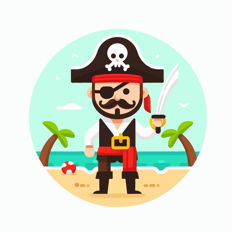 Vector vector pirata alegre con un estilo de diseño plano simple y fondo blanco