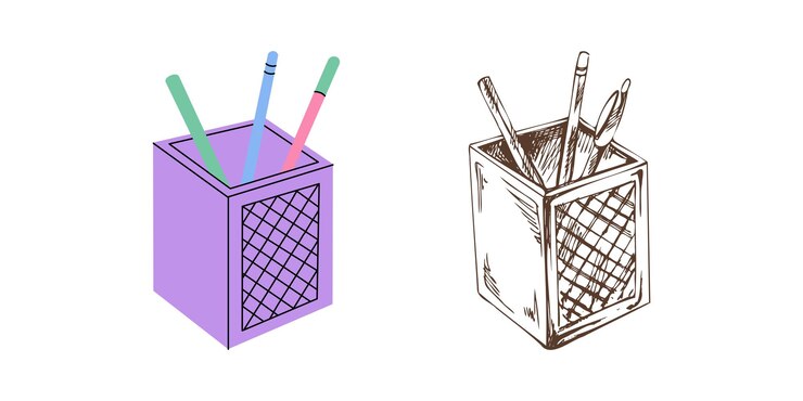Vector vector plano y boceto dibujado a mano herramientas escolares y de oficina ilustración caja de plástico con papelería