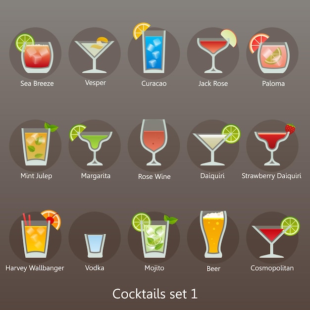 vector plano cócteles icono set1
