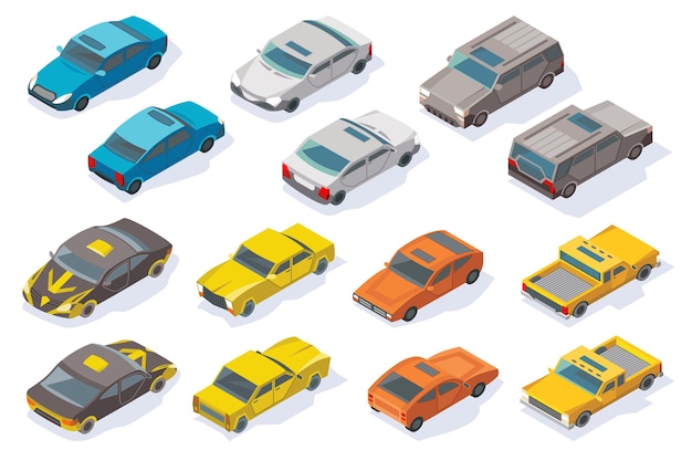 Vector plano colorido conjunto de automóviles 3d