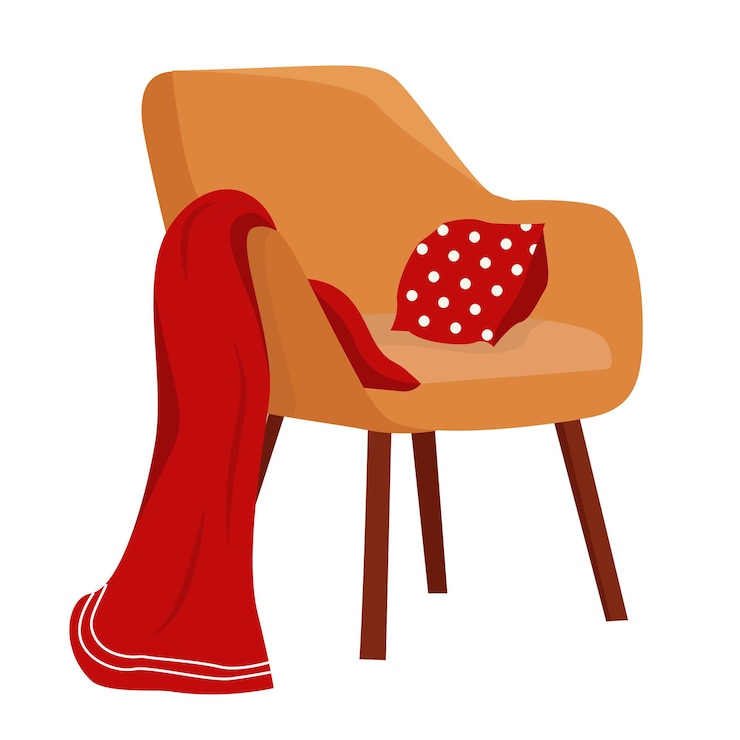 Vector vector, plano, cómodo, sillón, con, cálido, rojo, lana, manta, y, almohada, acogedor, interior doméstico