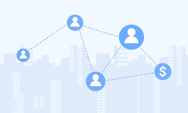 Vector plano comunicación de redes sociales conexión a la red de internet ilustración del rascacielos de la ciudad