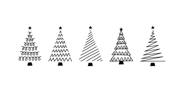 Vector plano dibujado a mano conjunto de árboles de Navidad