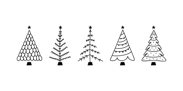 Vector plano dibujado a mano conjunto de árboles de Navidad