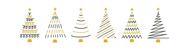 Vector plano dibujado a mano conjunto de árboles de Navidad