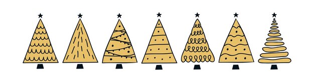 Vector plano dibujado a mano conjunto de árboles de Navidad