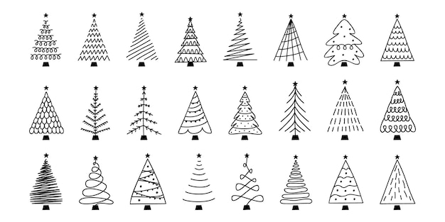 Vector plano dibujado a mano conjunto de árboles de Navidad