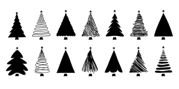 Vector plano dibujado a mano conjunto de árboles de navidad